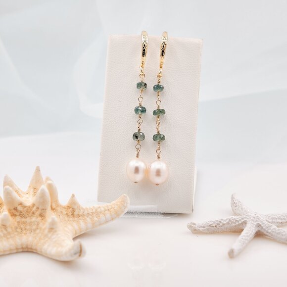 Pearl & Paraiba Tourmaline Earrings, 14K Gold Filled Hammered French Hooks - Picture 5 of 8